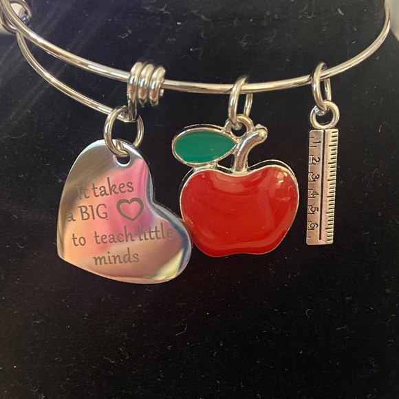 Teacher Silver Bracelet with Red Apple Ruler and Heart Charms Adjustable - Picture 1 of 4